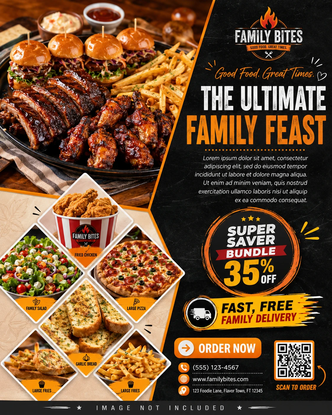 A professional restaurant marketing flyer template, split layout with a large hi