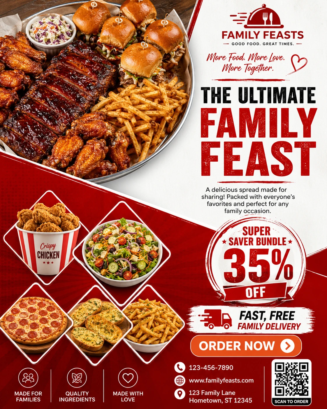 A professional food advertisement flyer for a family feast restaurant. The top h