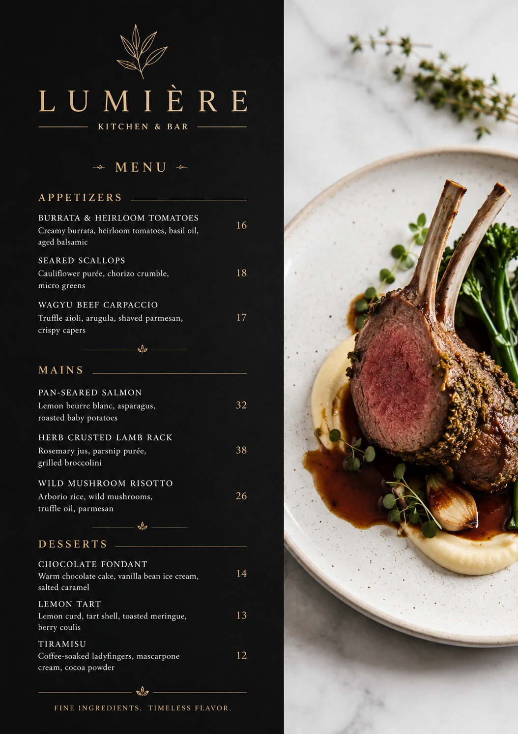 A high-end restaurant menu design, split layout. Left side is a matte black back
