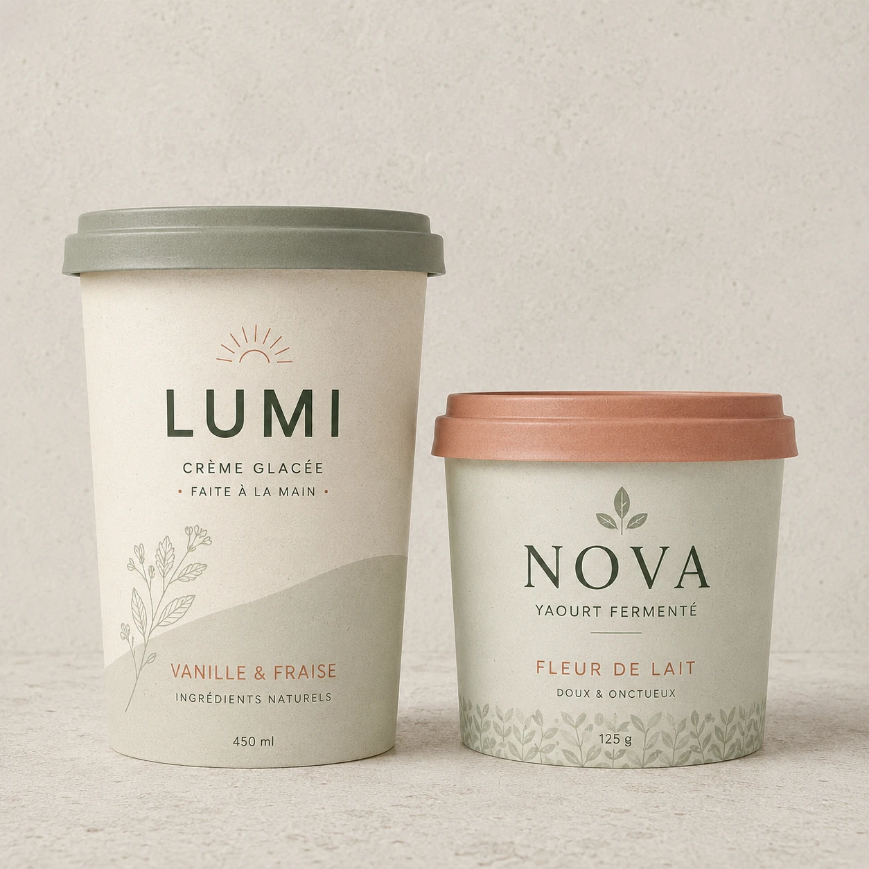 Professional studio product photography of two sustainable paper ice cream and y