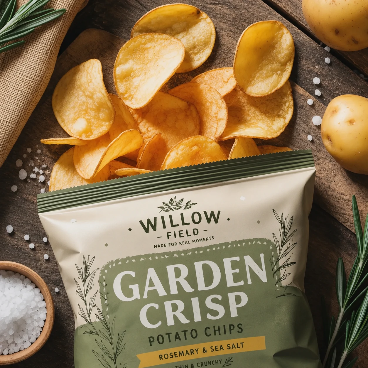 Top-down flat lay photography of a bag of 'Willow Field' potato chips, open at t