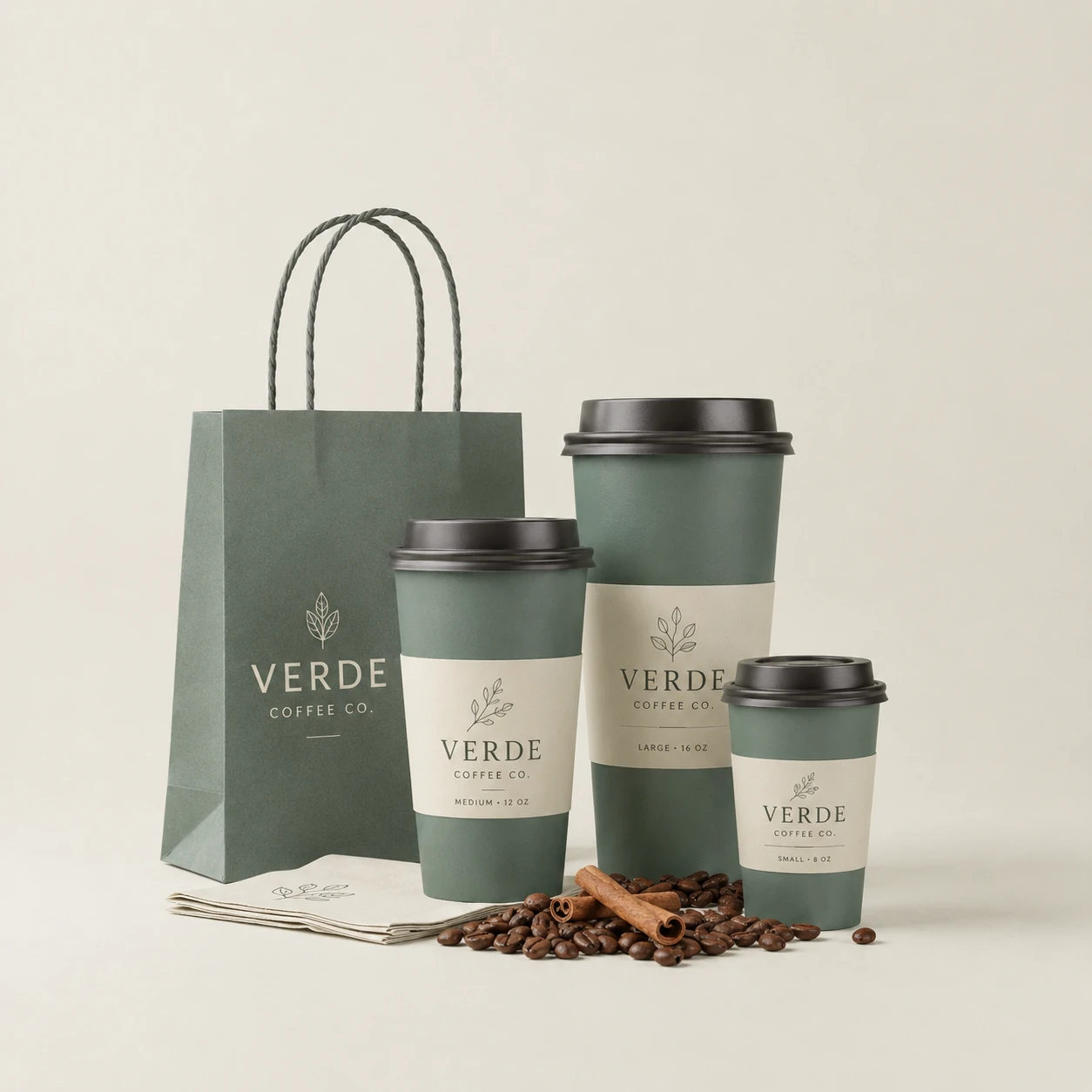 Professional studio product photography of three different sized coffee cups wit